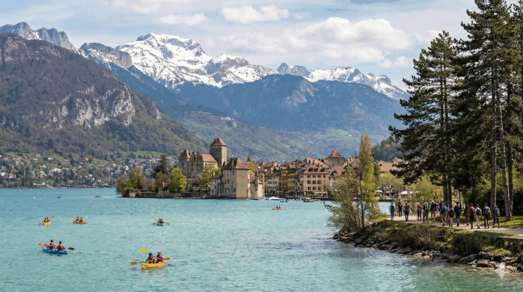 Paysage illustrant le kayak et la randonnée, symbolisant la diversité de chaque activité Annecy entre lac et montagne.
