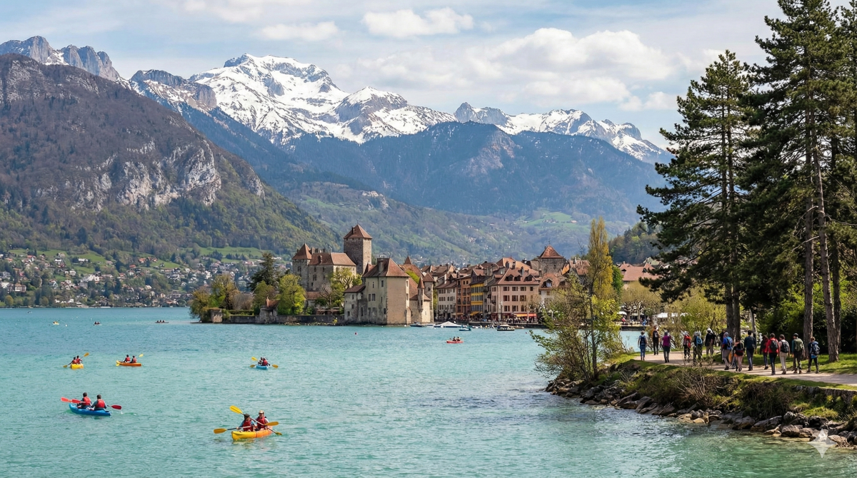 Paysage illustrant le kayak et la randonnée, symbolisant la diversité de chaque activité Annecy entre lac et montagne.
